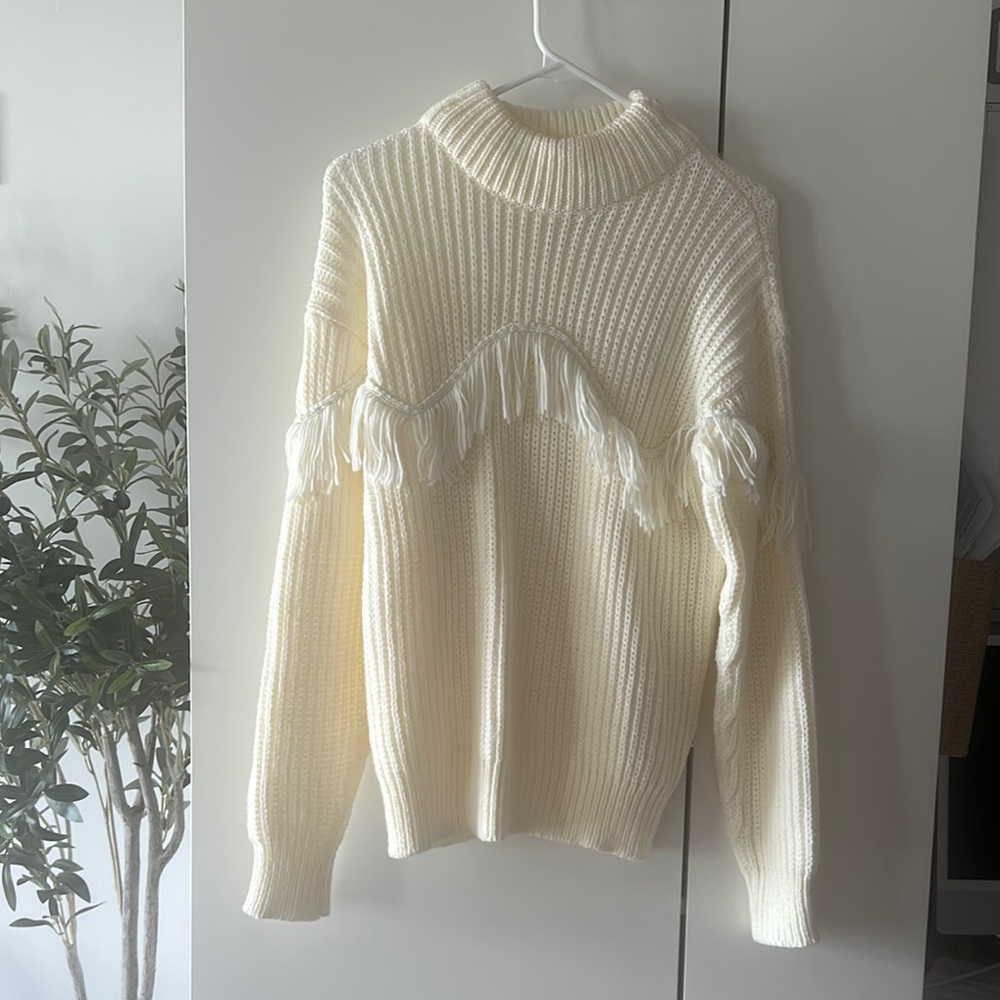 Cream Sweater with Fringe Detail